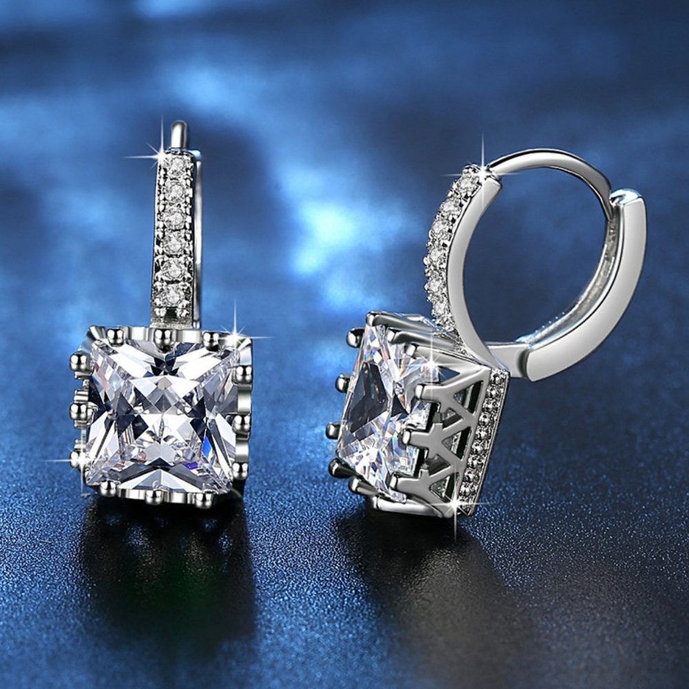 NEW 8CT Princess Cut Diamond Silver Hoop Earrings - Picture 2 of 3